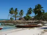 Pirogi i palmy na plaży Nosy Iranja na Madagaskarze