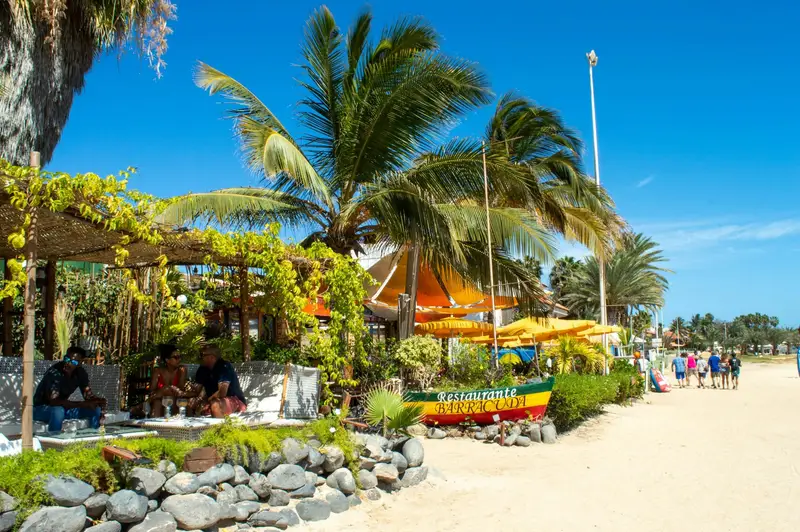 Plaża z palmami i restauracjami w Santa Maria na Sal
